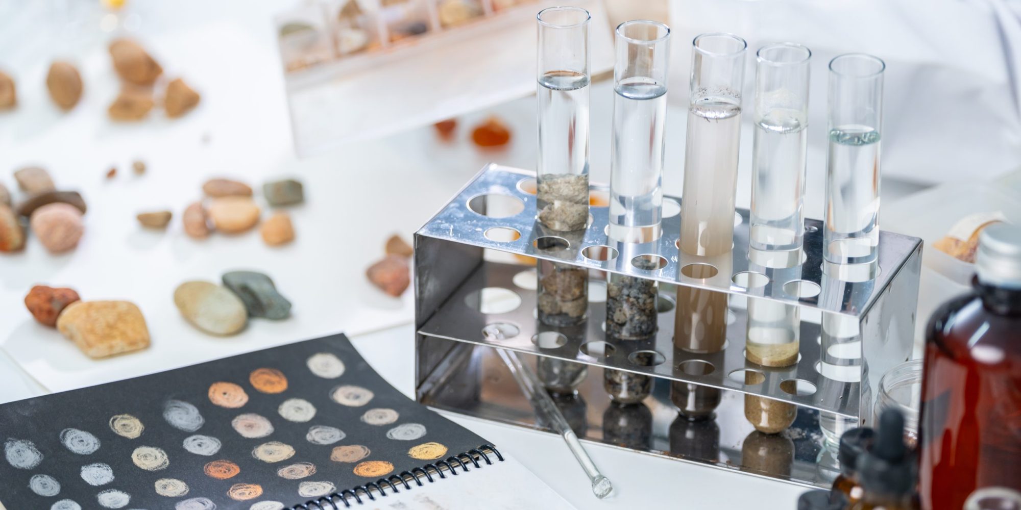 Geology science laboratory research concept, sample test analysis of nature dirtied ground in environment and ecology experiment, agriculture agronomy material to working with scientific equipment